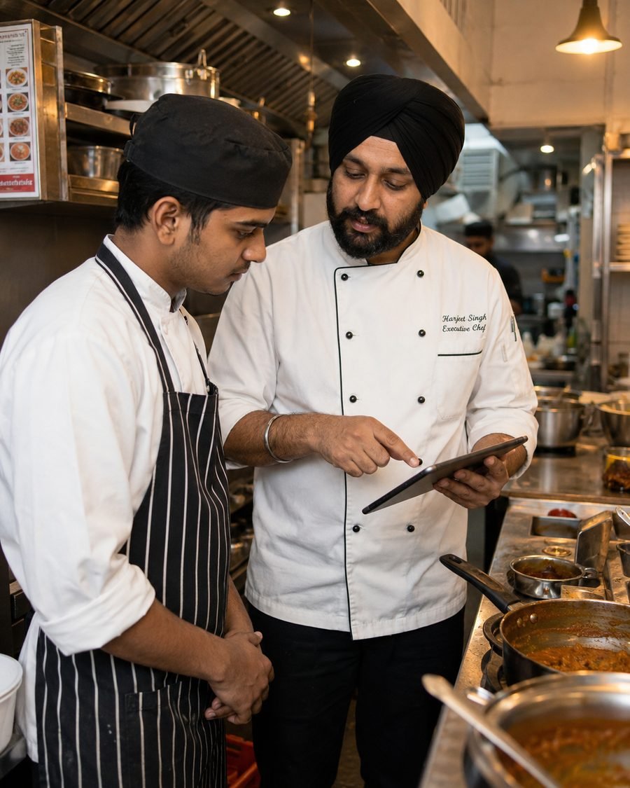 A RestroAid trainer walking a chef through a lesson on a tablet