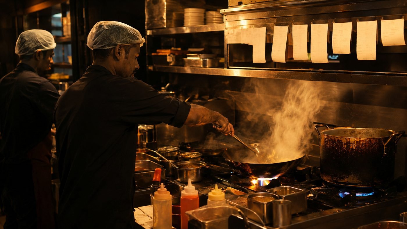 Cooks working a busy kitchen line during service