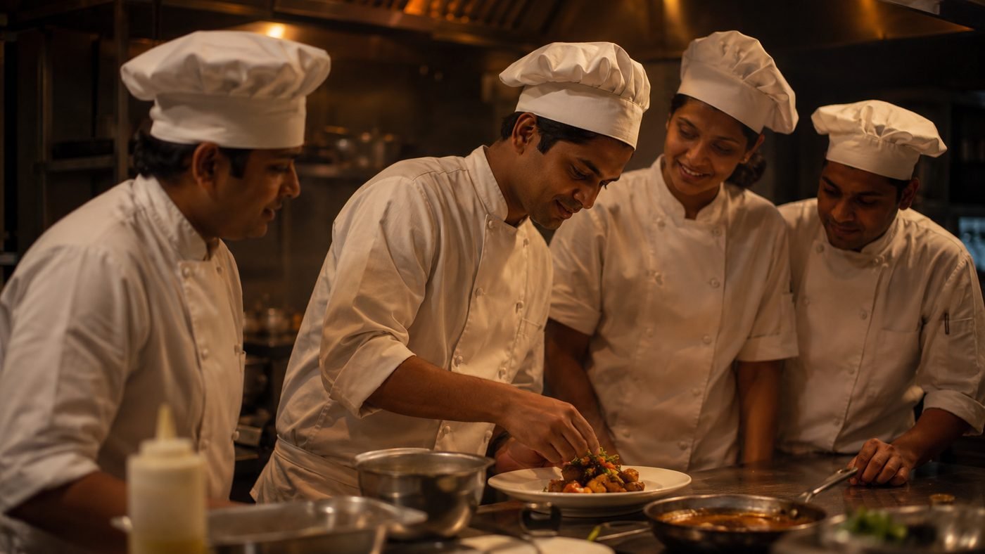 Trainees plating a dish during a food safety session