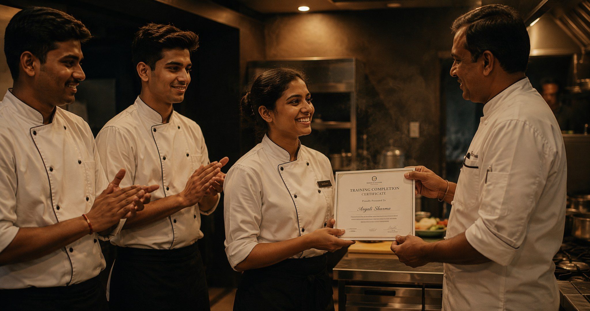 A RestroAid trainee receiving her training completion certificate in a partner kitchen