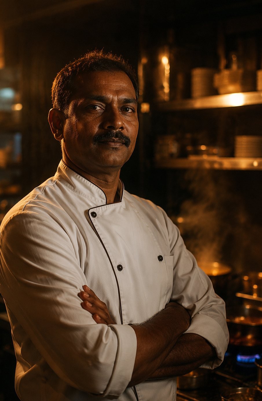 A proud kitchen worker in his chef coat, arms crossed
